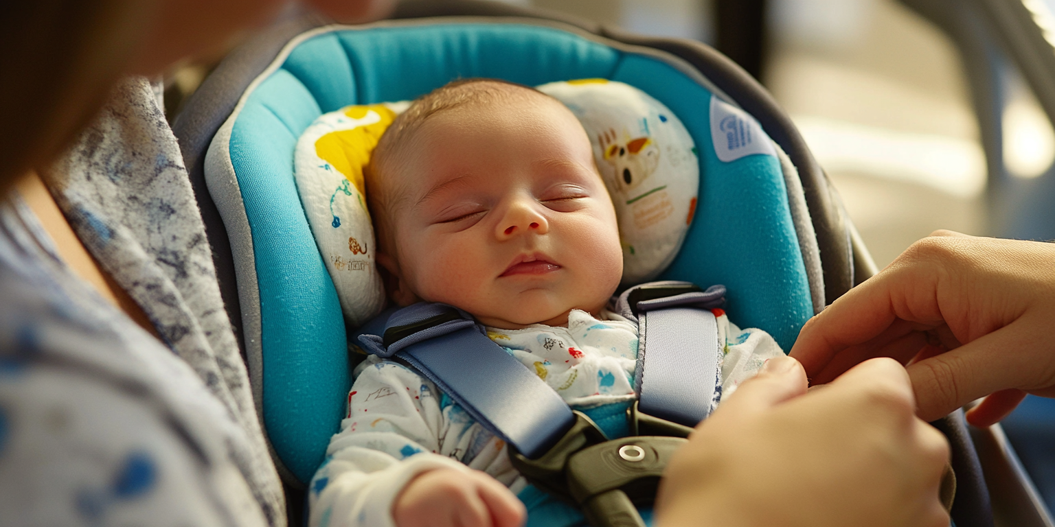 Newborn harnessed; chest clip at armpit level; newborn recline set